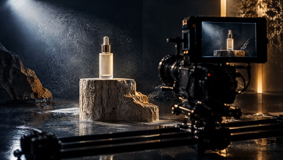 A product ad being shot: a serum bottle on a stone plinth and a cinema camera