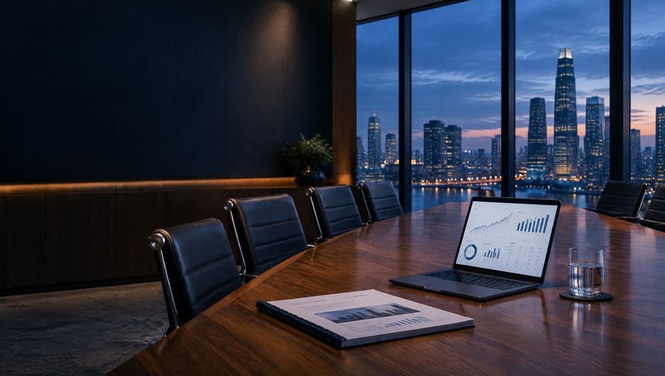 A report and a financial dashboard on a boardroom table at dusk
