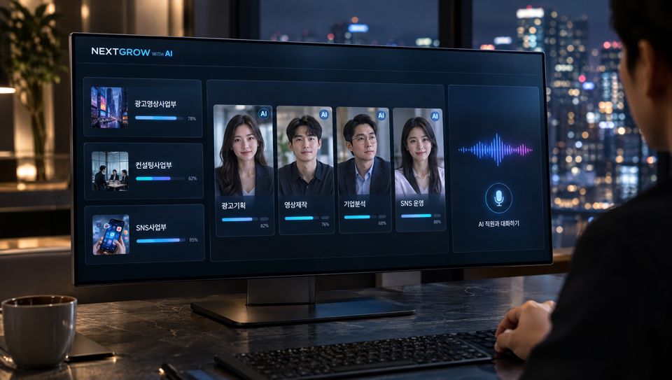 Control Room concept: division list, four staff cards marked AI, and a voice conversation button
