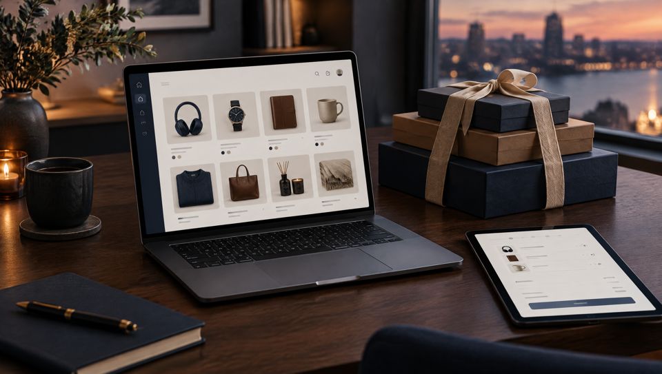 A laptop with a web shop interface next to wrapped product boxes