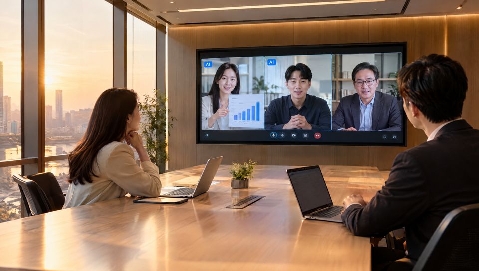 A meeting room screen where two AI staff members and a remote expert join the meeting