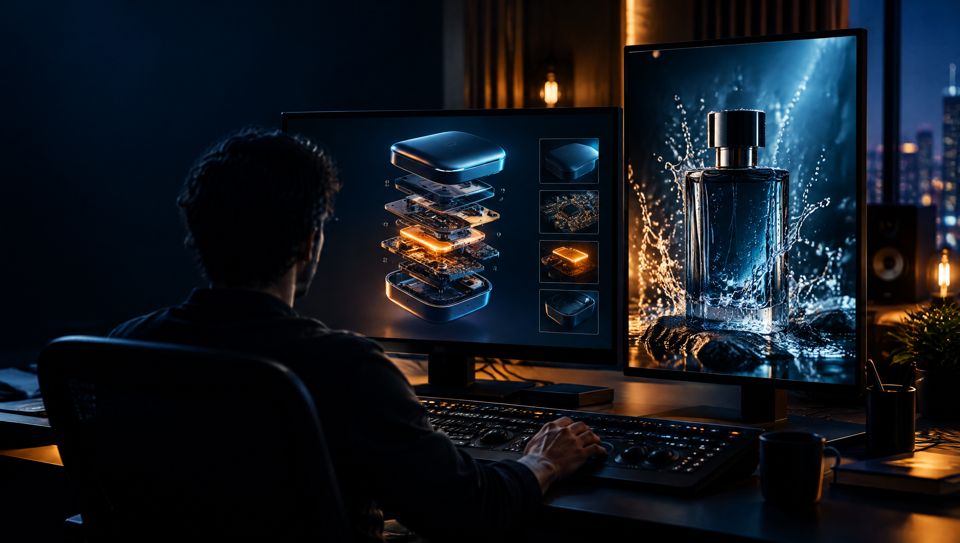 Two studio screens: a 3D technical render and a perfume ad frame