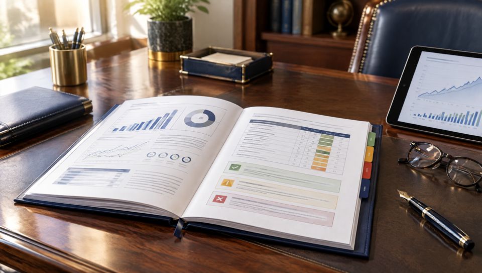 An open diagnostic report with charts and assessment tables on a desk