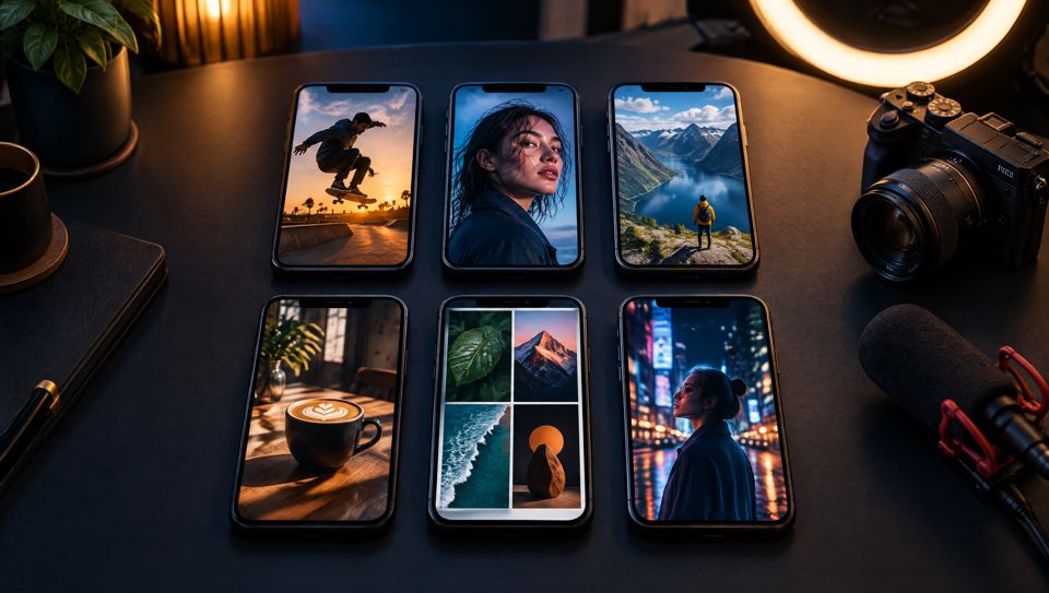 Six phones showing vertical short videos and card layouts