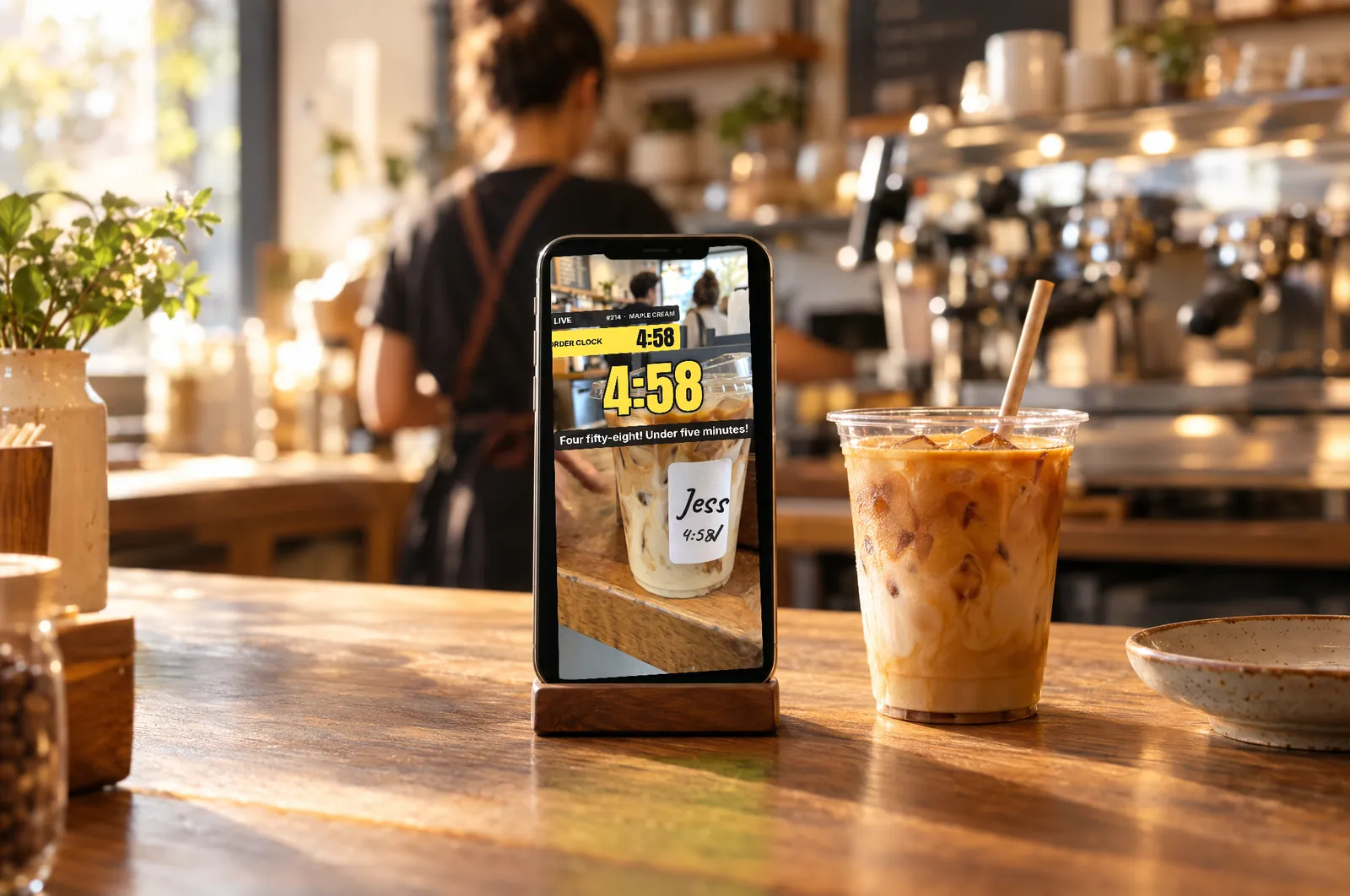 A TikTok ad on a phone by the café counter — Barista vs. the 5-minute clock