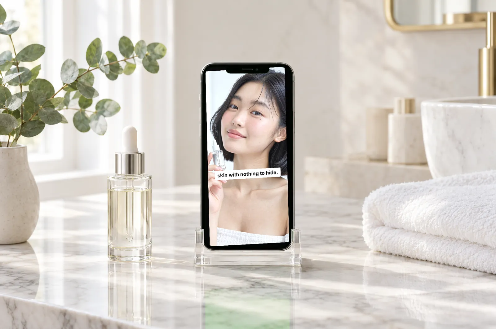A beauty ad at the bathroom vanity — A 10-step routine, cleared in one