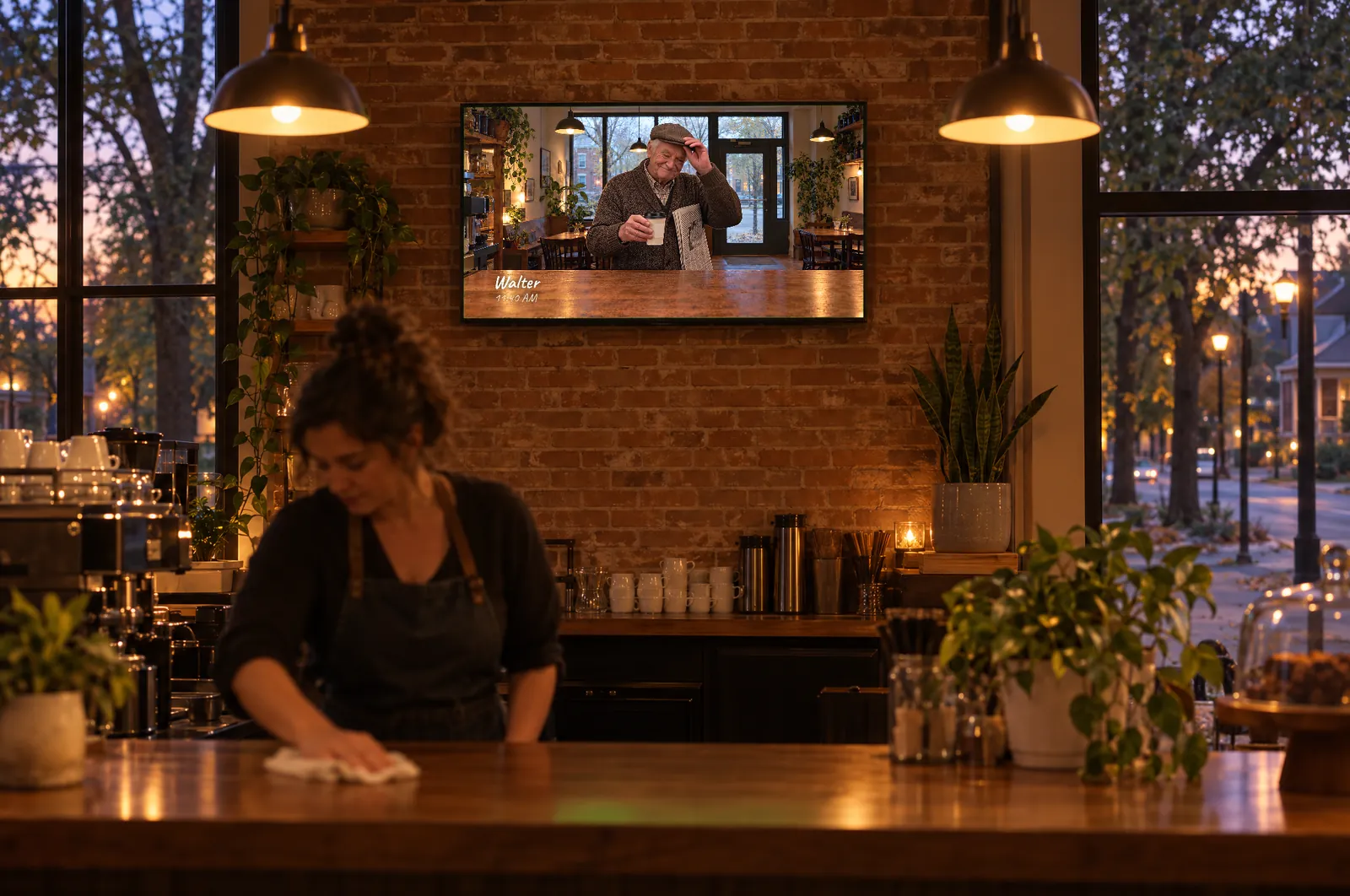 The brand film on the café’s wall screen — One day, one counter