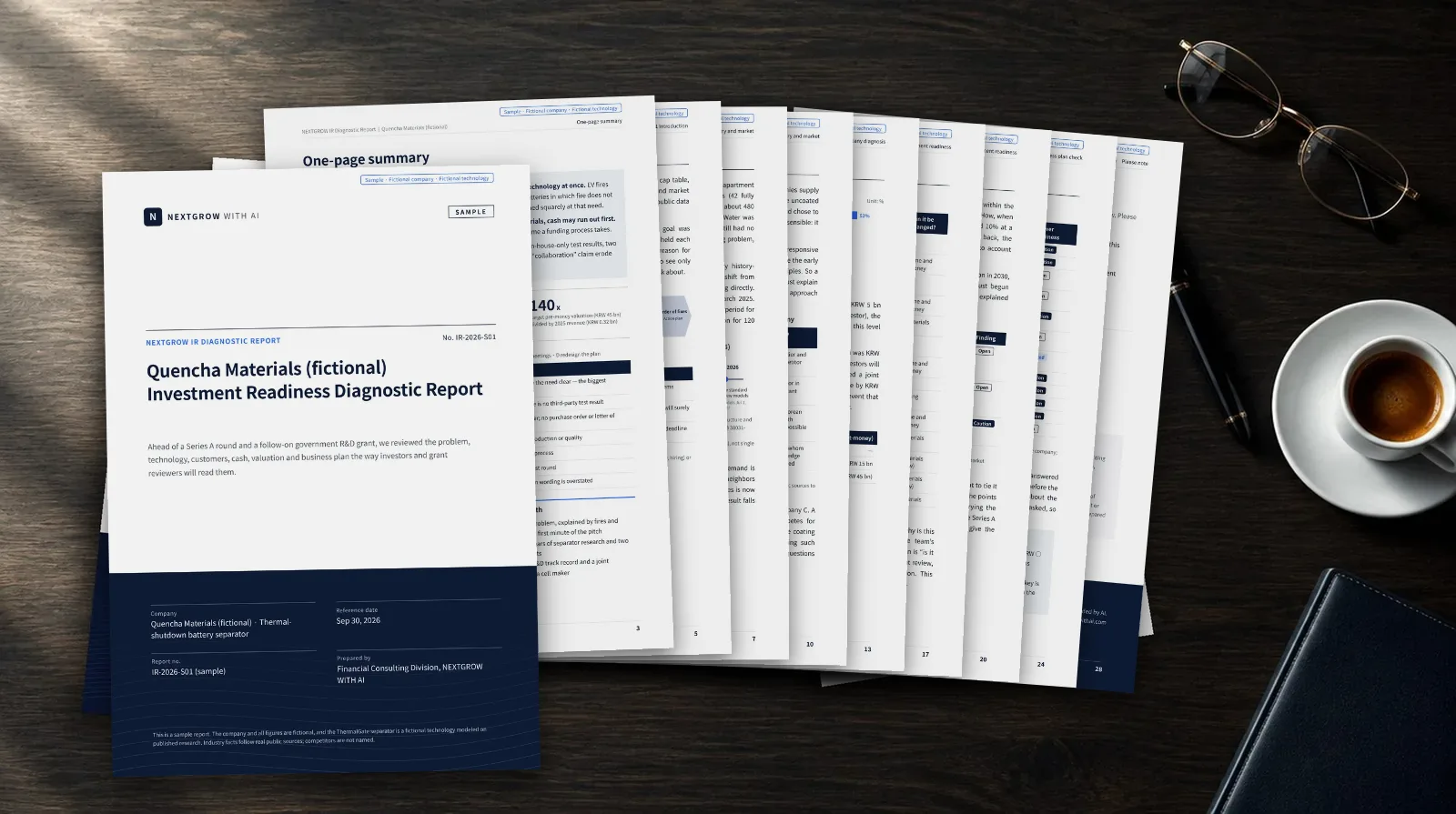 The sample diagnostic report laid out on a desk: the cover on the left, with pages of text, charts and assessment tables fanned out to the right